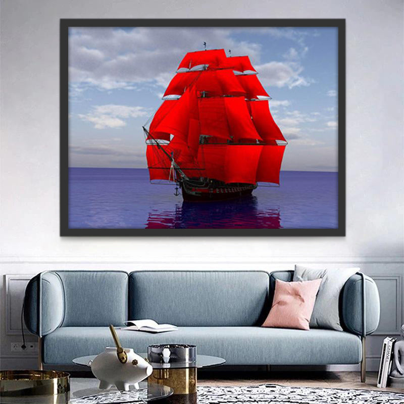 Bateau aux Voiles Rouges dans l'Océan Peinture par Numéros
