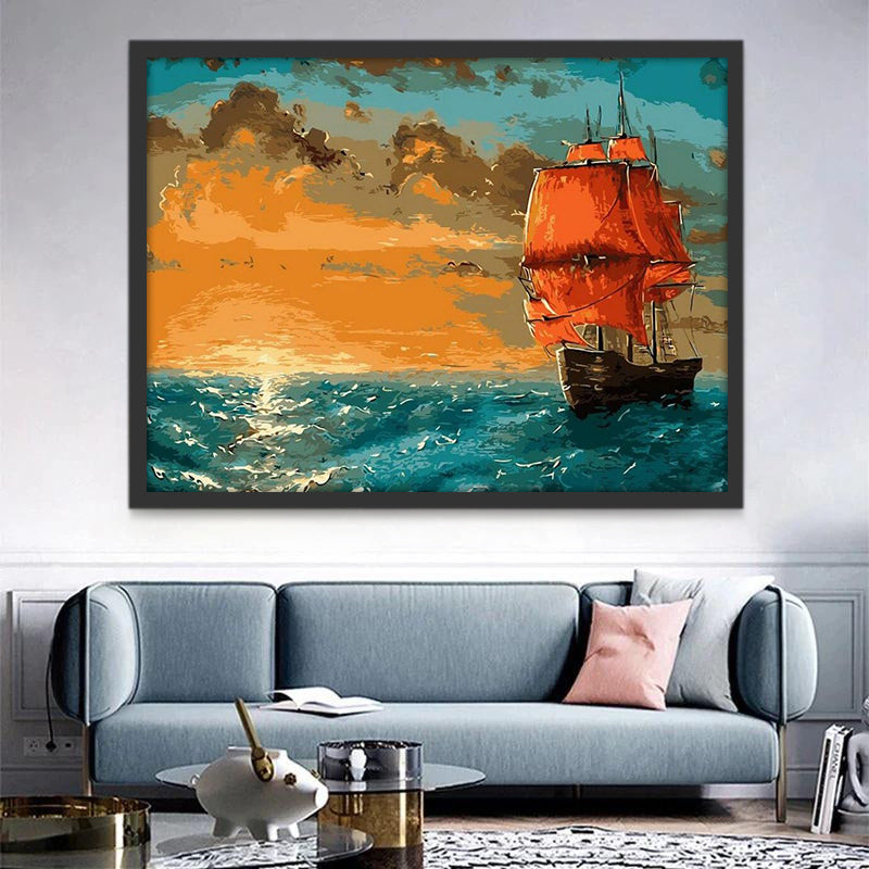 Bateau avec Voiles Rouges Peinture par Numéros