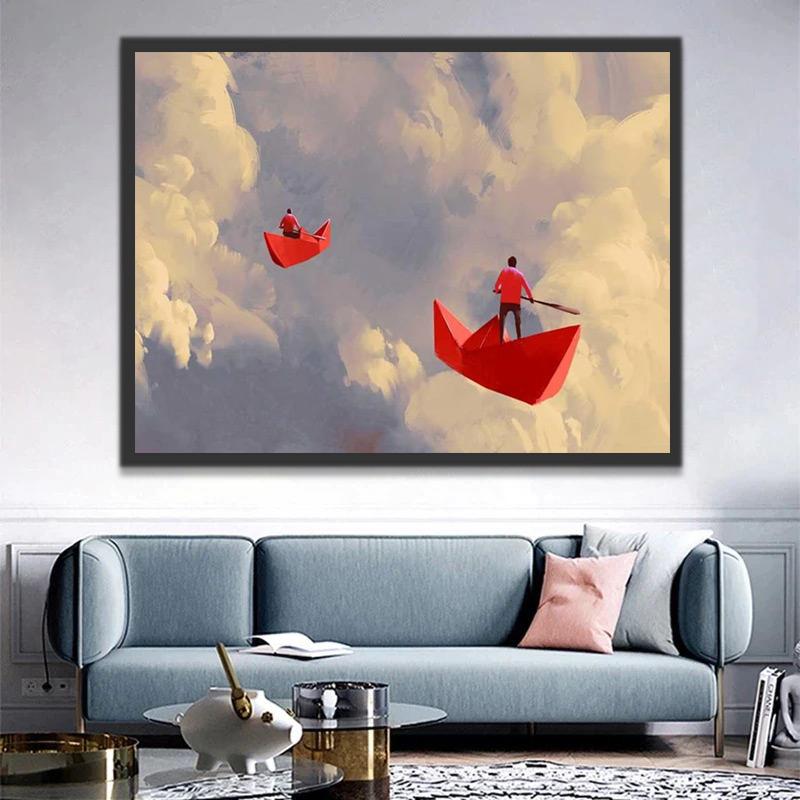 Bateaux Rouges et Hommes Peinture par Numéros