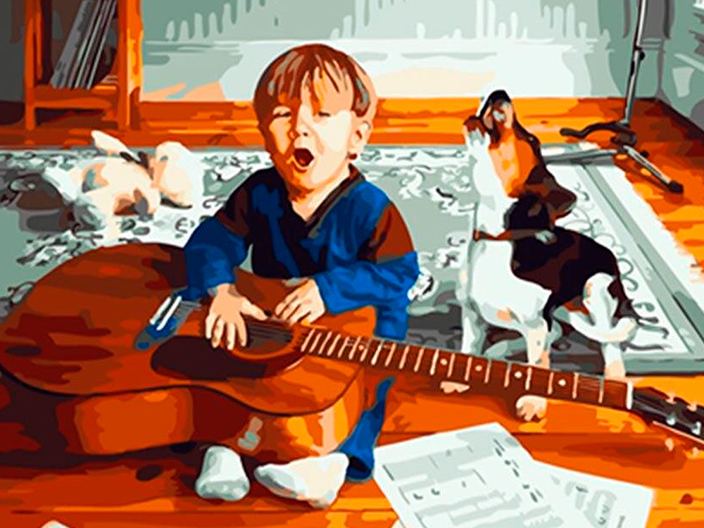 Beagle Hurlant et Enfant avec Guitare Peinture par Numéros
