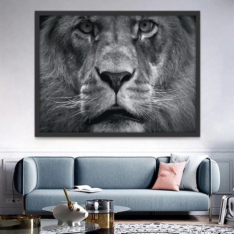 Beau Lion Noir et Blanc Peinture par Numéros