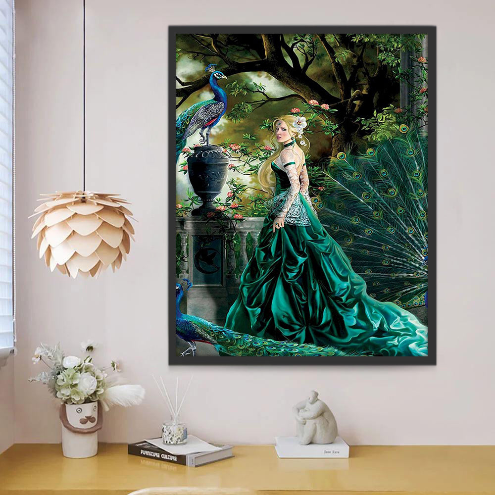 Belle Femme et Paon Peinture par Numéros