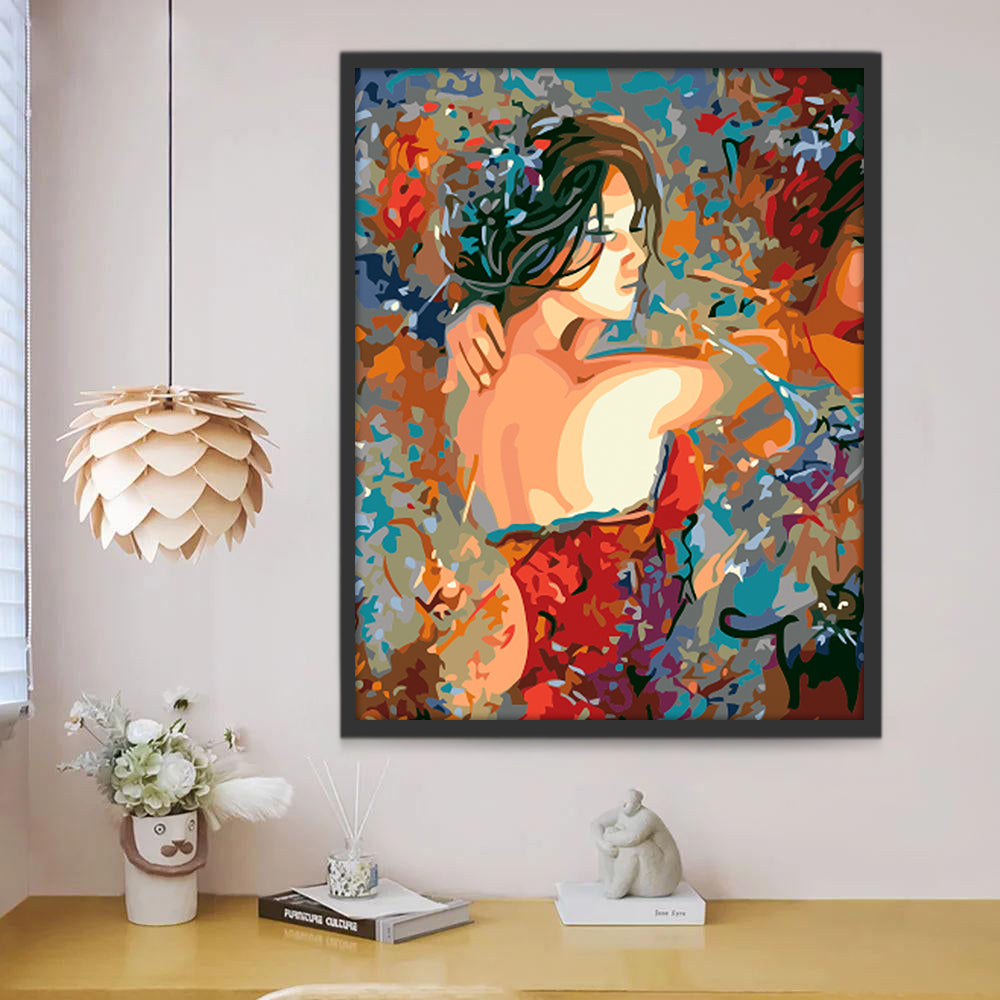Belle Femme Jaune en Robe Rouge Peinture par Numéros