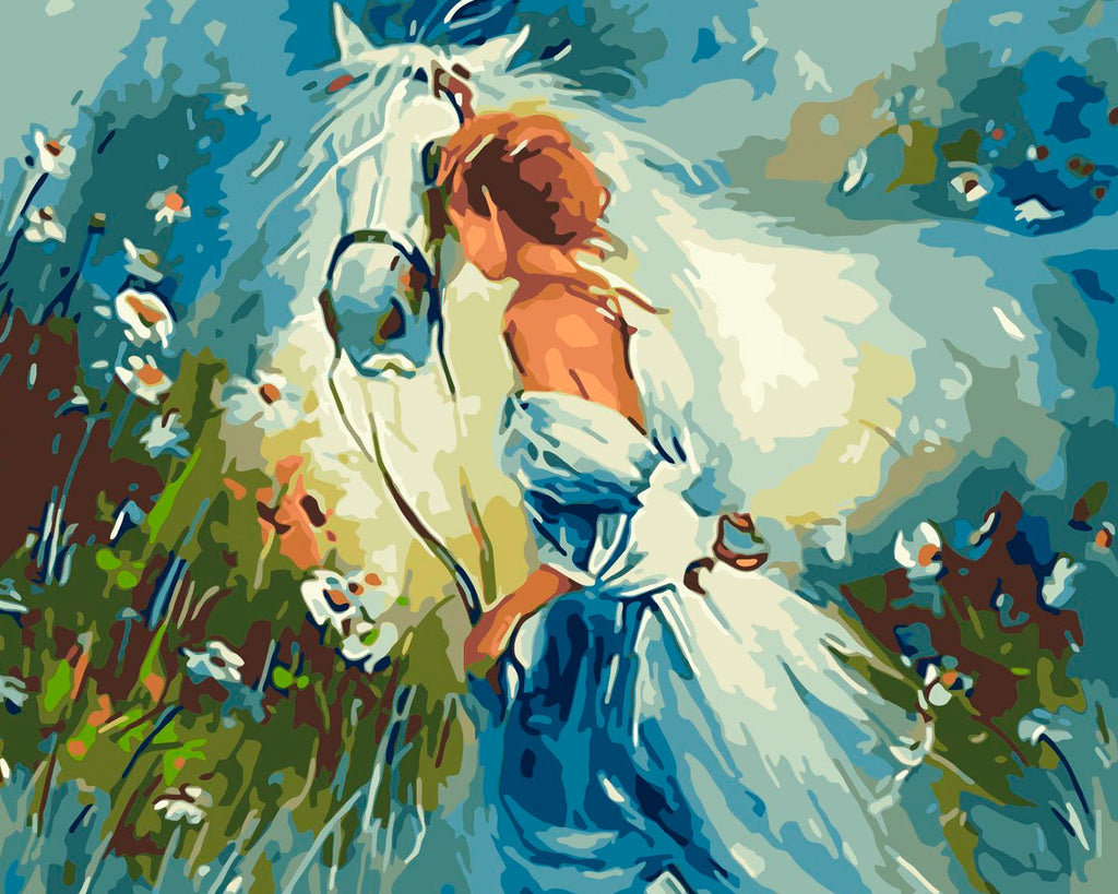 Belle Fille et Cheval Blanc Peinture par Numéros