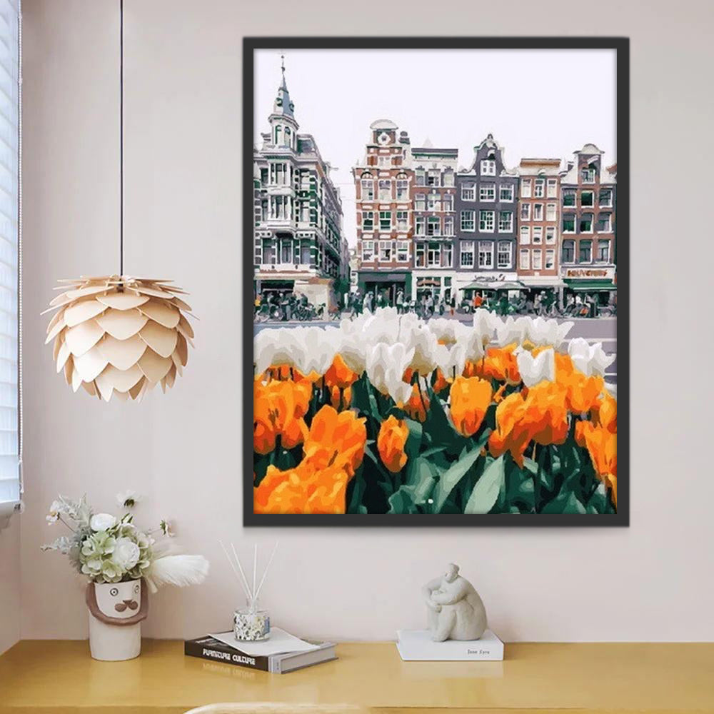 Belles Tulipes Paysage Ville Peinture par Numéros
