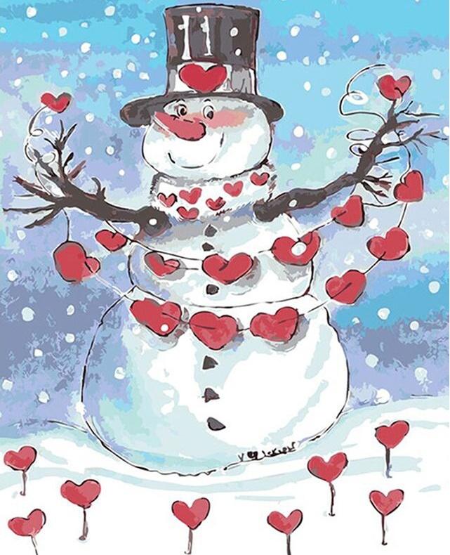 Bonhomme de Neige et Coeurs Peinture par Numéros