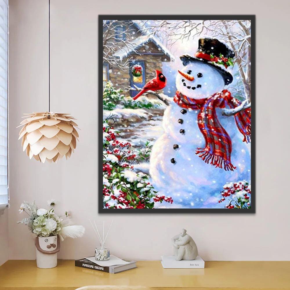 Bonhomme de Neige et Mésange Rouge Peinture par Numéros