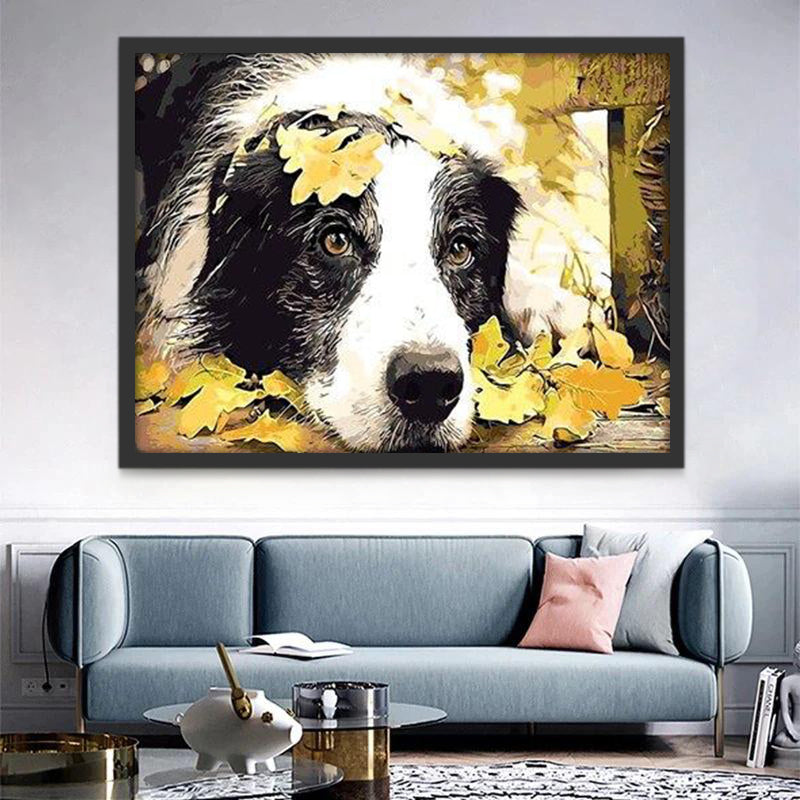 Border Collie et Feuilles Jaunes Peinture par Numéros