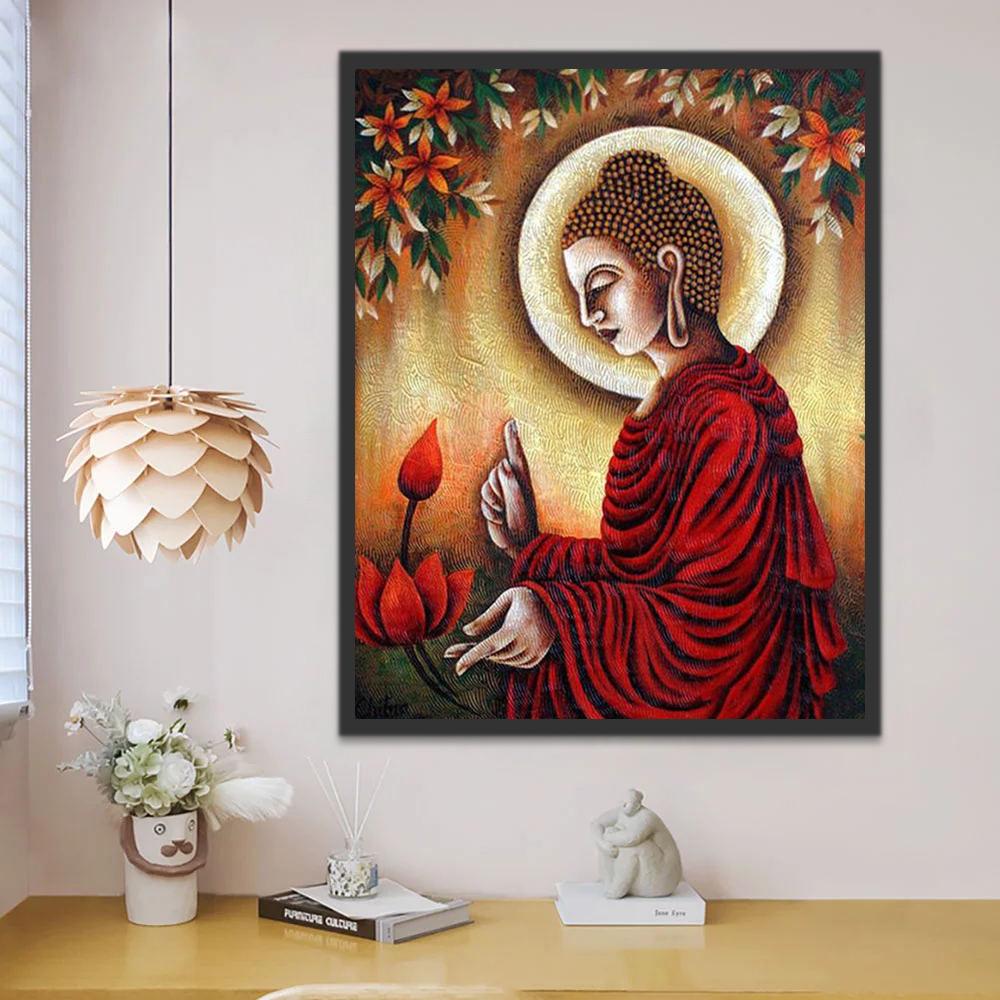 Bouddha avec Kesa Rouge et Fleurs Rouges Peinture par Numéros