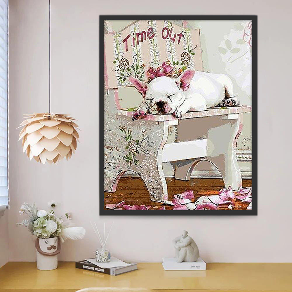 Bouledogue Blanc Endormi sur une Chaise Peinture par Numéros