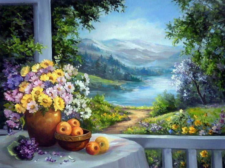 Bouquet de Fleurs et Montagne Peinture par Numéros