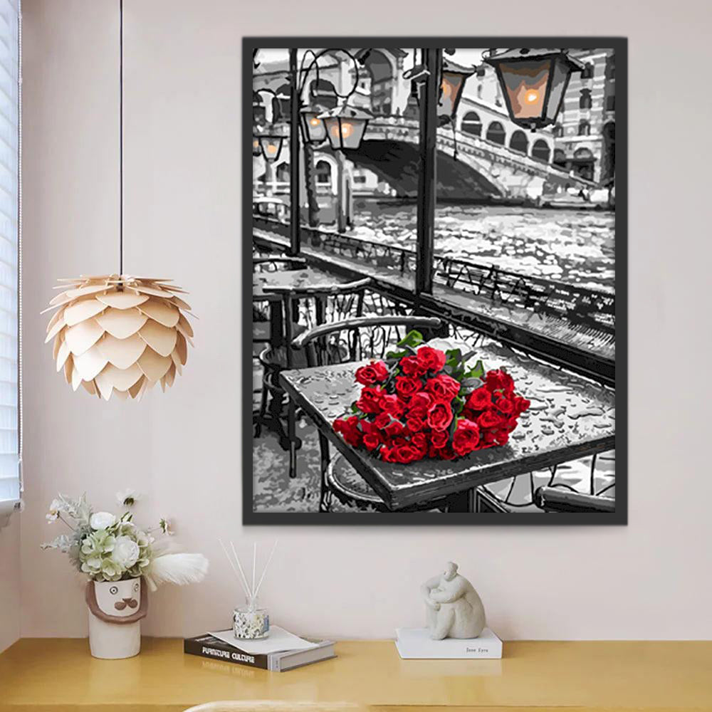 Bouquet de Roses Rouge et le Pont Peinture par Numéros