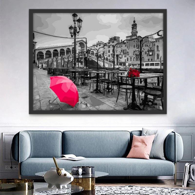 Bouquet de Roses Rouges sur la Table d'un Café de Rue Peinture par Numéros