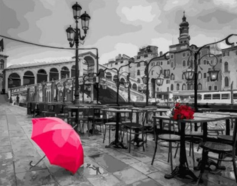 Bouquet de Roses Rouges sur la Table d'un Café de Rue Peinture par Numéros