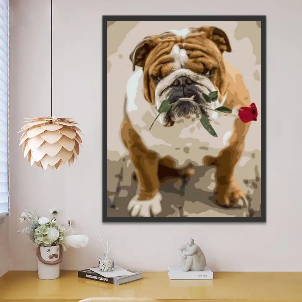 Bulldog avec une Rose Rouge dans la Bouche Peinture par Numéros