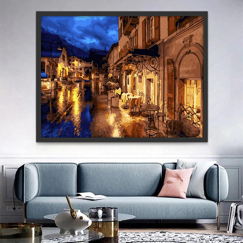 Café au bord de la Rivière la Nuit Peinture par Numéros