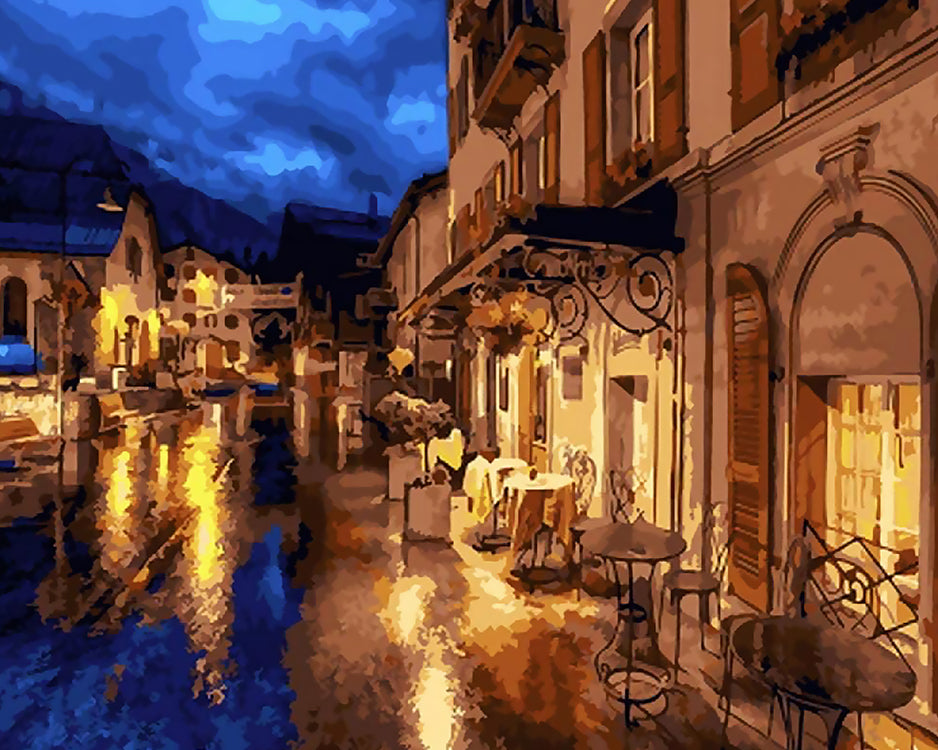 Café au bord de la Rivière la Nuit Peinture par Numéros