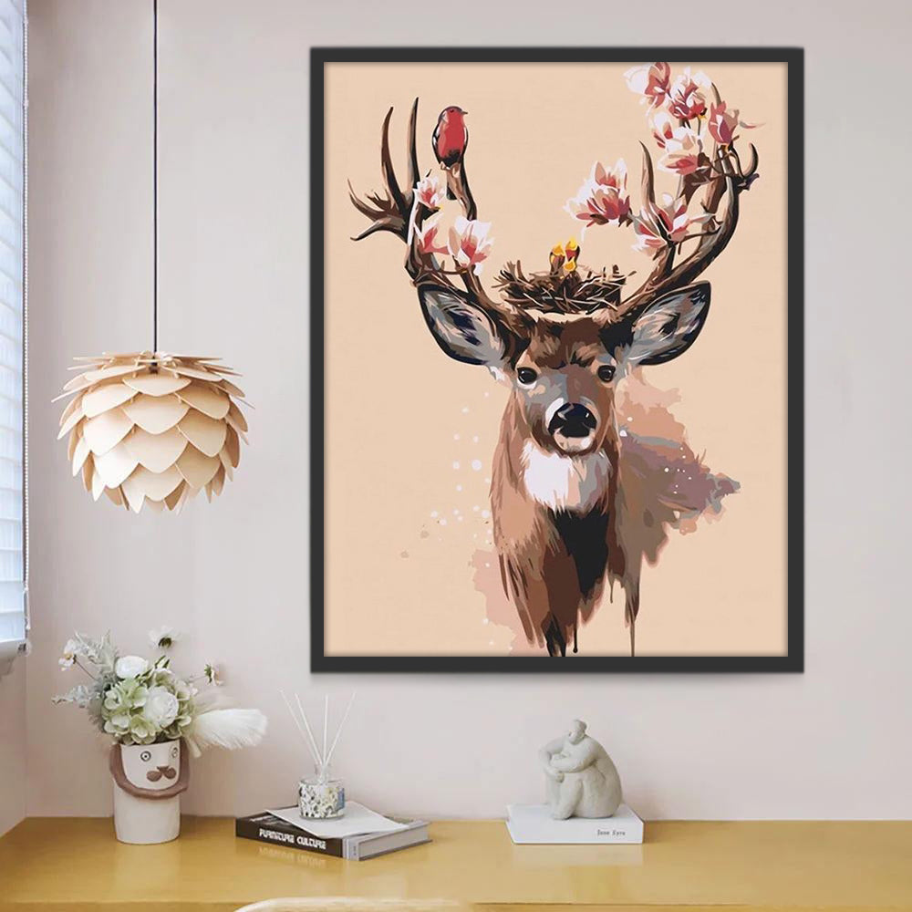 Cerf et Fleurs Roses Peinture par Numéros