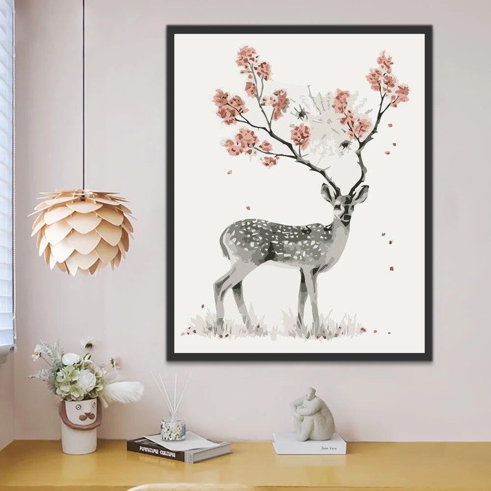 Cerf Sika et Branches de Fleurs Peinture par Numéros
