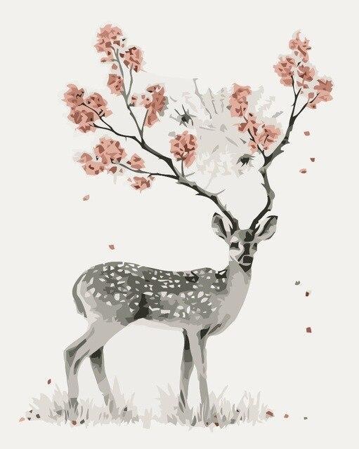 Cerf Sika et Branches de Fleurs Peinture par Numéros