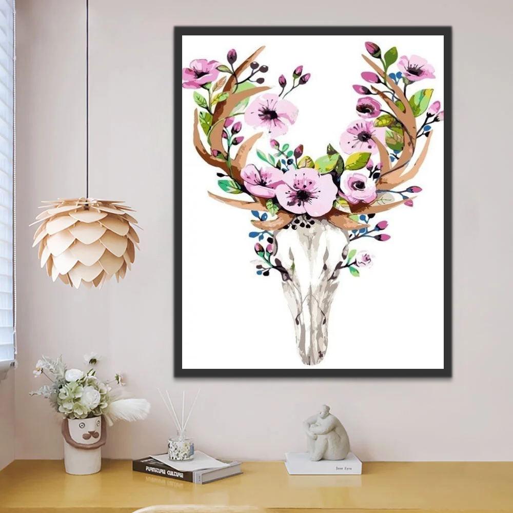 Cerf Squelette et Couronne des Fleurs Violettes Peinture par Numéros