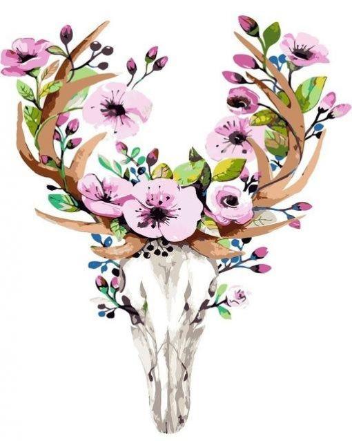 Cerf Squelette et Couronne des Fleurs Violettes Peinture par Numéros