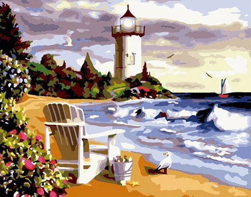 Chaise de plage et Mouettes Peinture par Numéros