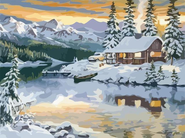 Chalet au Bord de Lac Peinture par Numéros