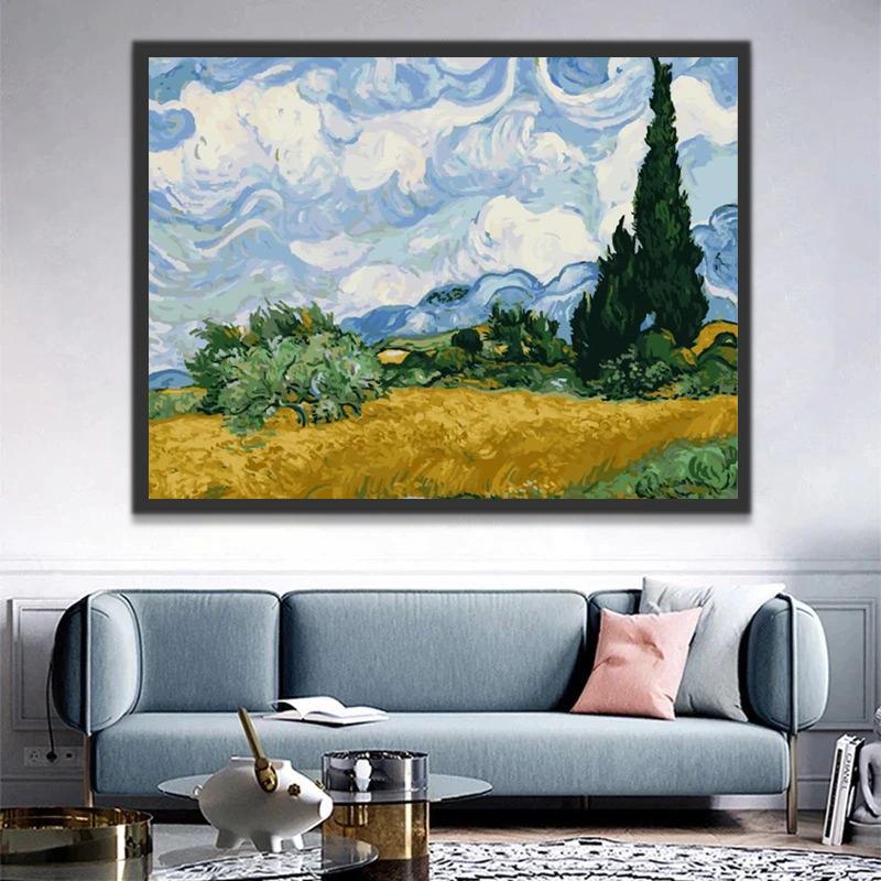 Champ de Blé Vert avec Cyprès Peinture par Numéros