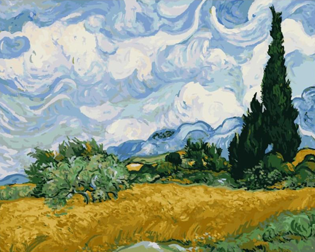 Champ de Blé Vert avec Cyprès Peinture par Numéros