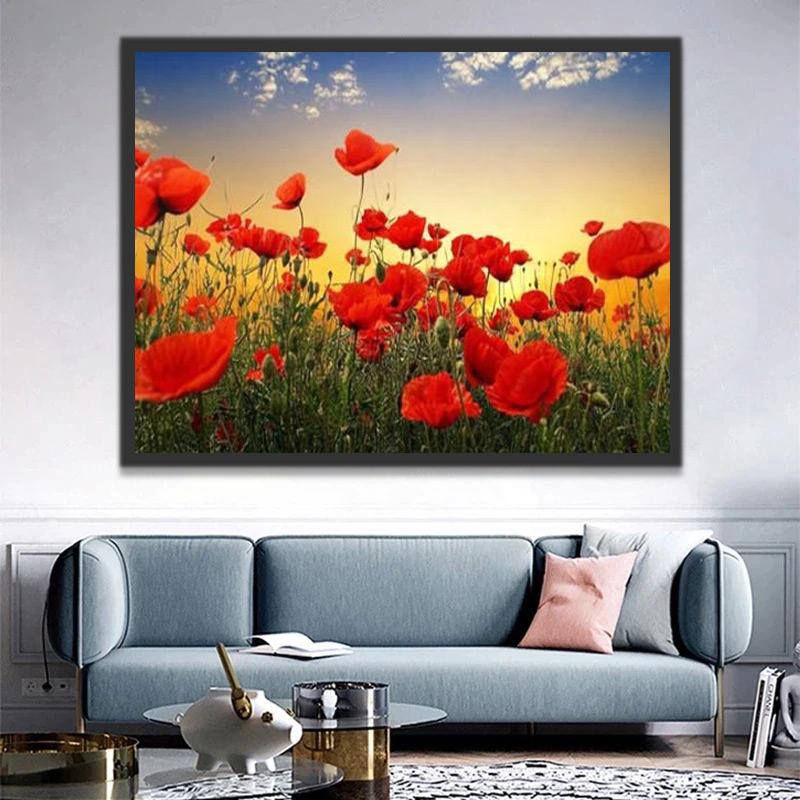 Champ de Coquelicots Rouges Peinture par Numéros