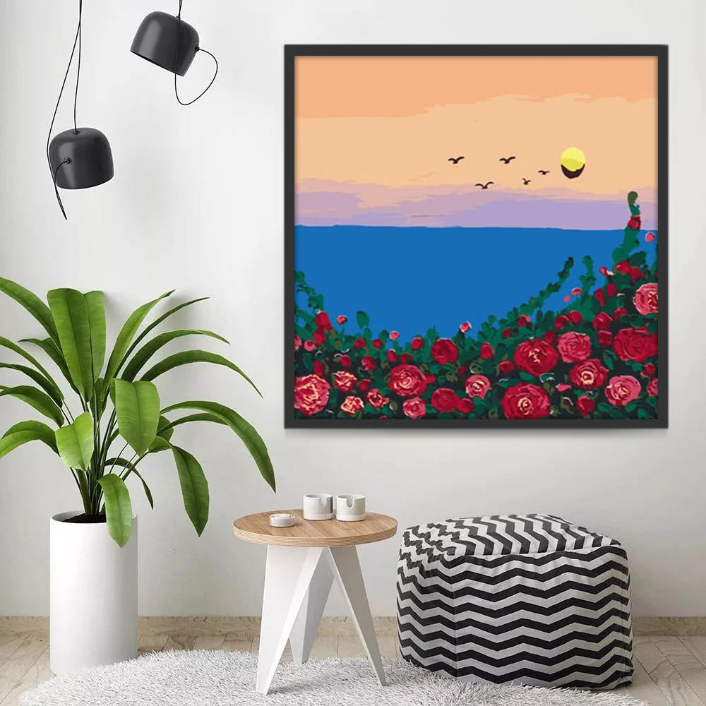 Champ de Roses Rouges et Mer Peinture par Numéros