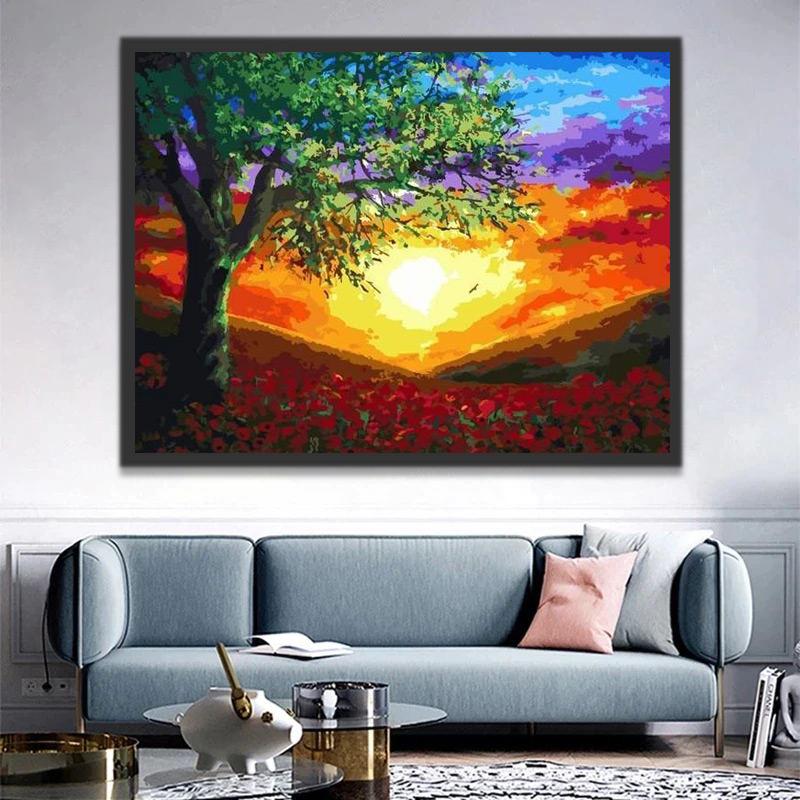 Champs de Fleurs Rouges et Coucher de Soleil Peinture par Numéros
