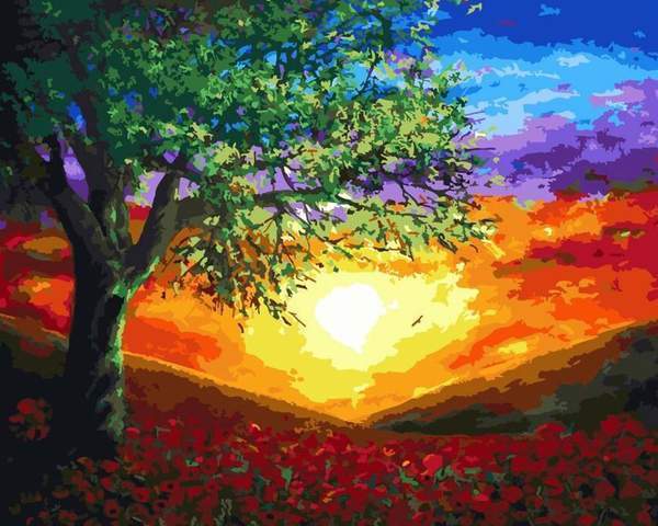 Champs de Fleurs Rouges et Coucher de Soleil Peinture par Numéros