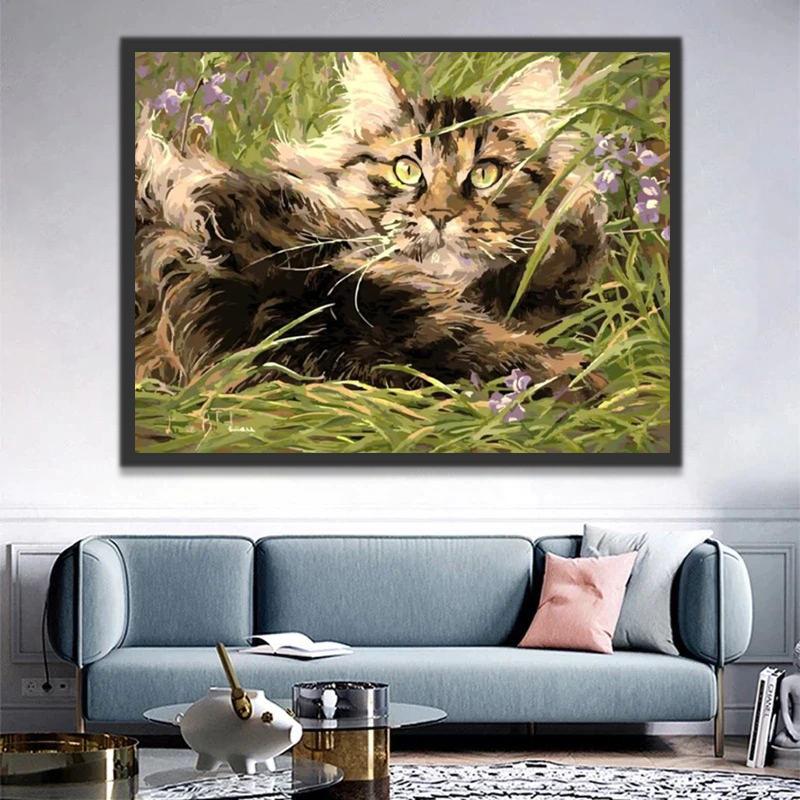 Chat Allongé sur la Pelouse Peinture par Numéros