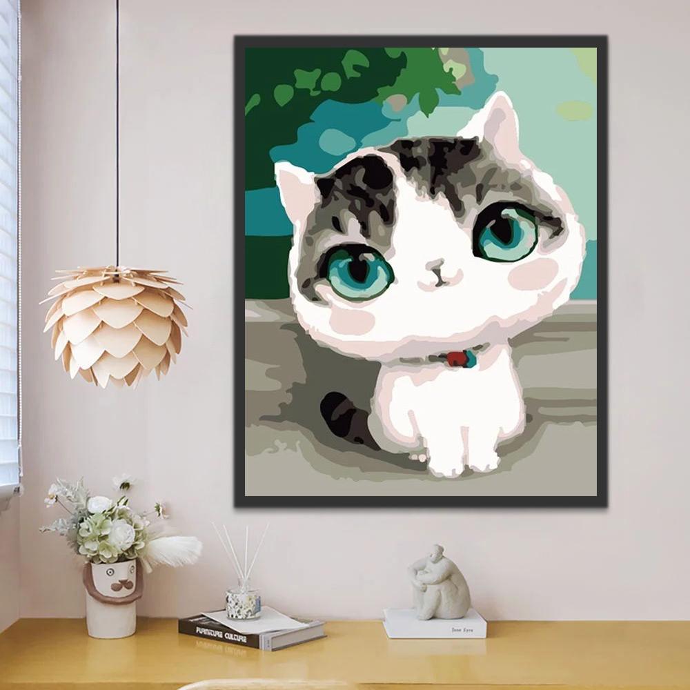 Chat aux Yeux Verts et Visage Rond Peinture par Numéros