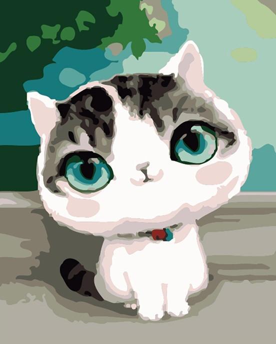 Chat aux Yeux Verts et Visage Rond Peinture par Numéros