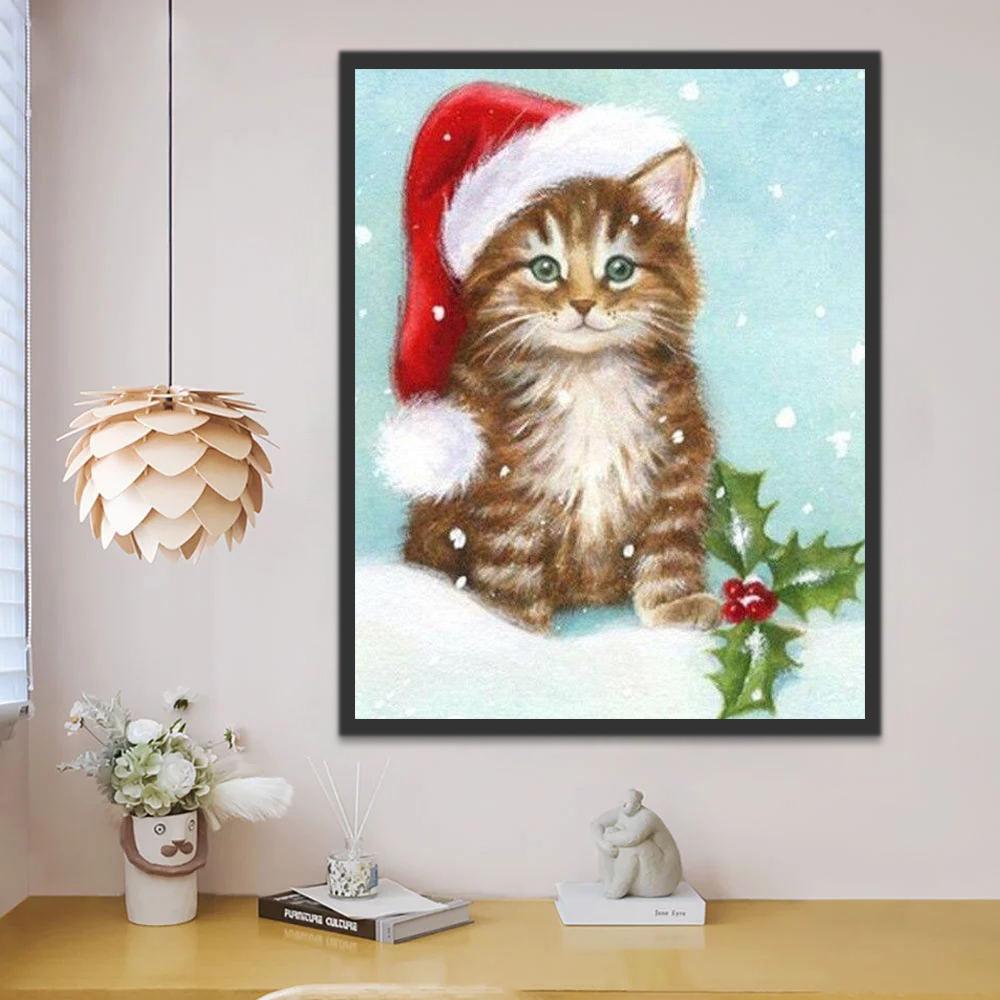 Chat avec Bonnet de Noël Peinture par Numéros