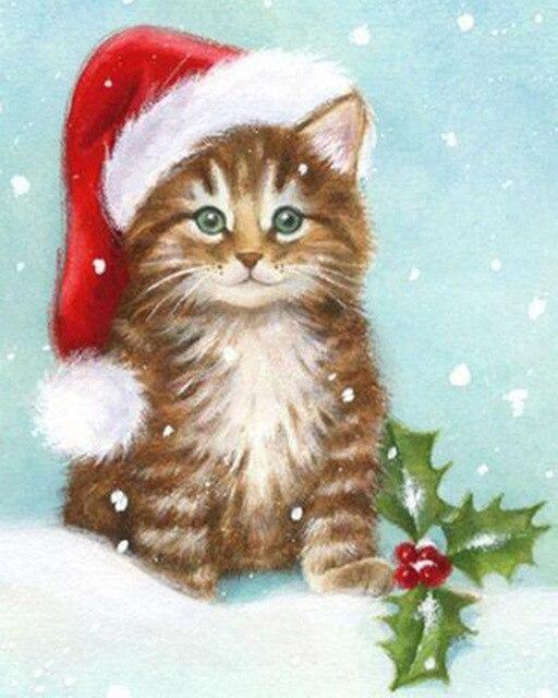 Chat avec Bonnet de Noël Peinture par Numéros