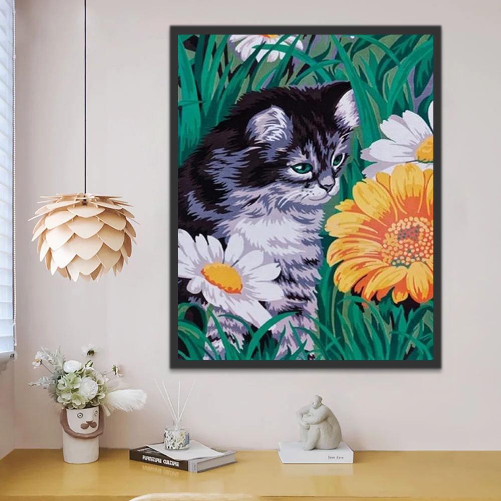 Chat avec des Marguerites et Tournesol Peinture par Numéros