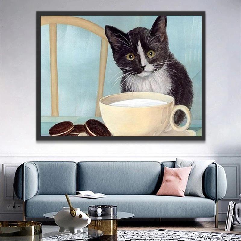 Chat avec une Tasse de Lait et Oréo Peinture par Numéros