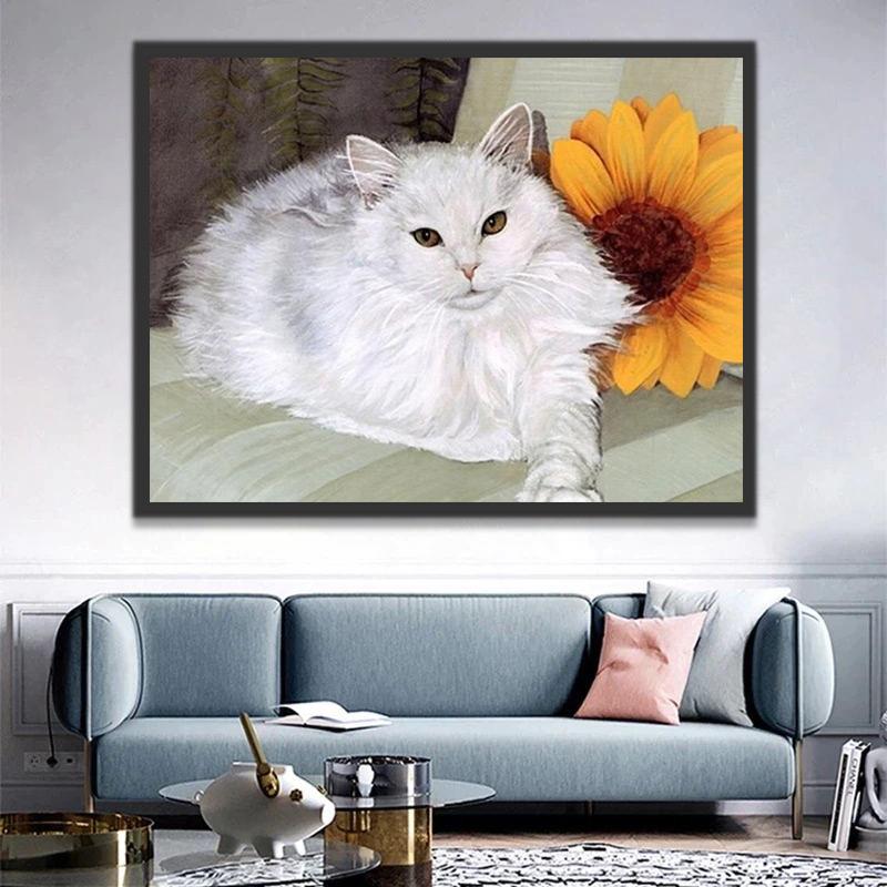 Chat Blanc à Poil Long et Tournesol Peinture par Numéros