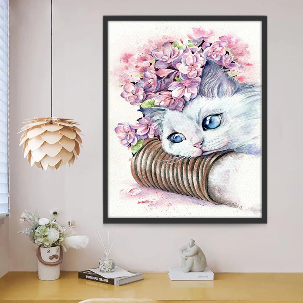 Chat Blanc avec une Couronne de Fleurs Roses Peinture par Numéros