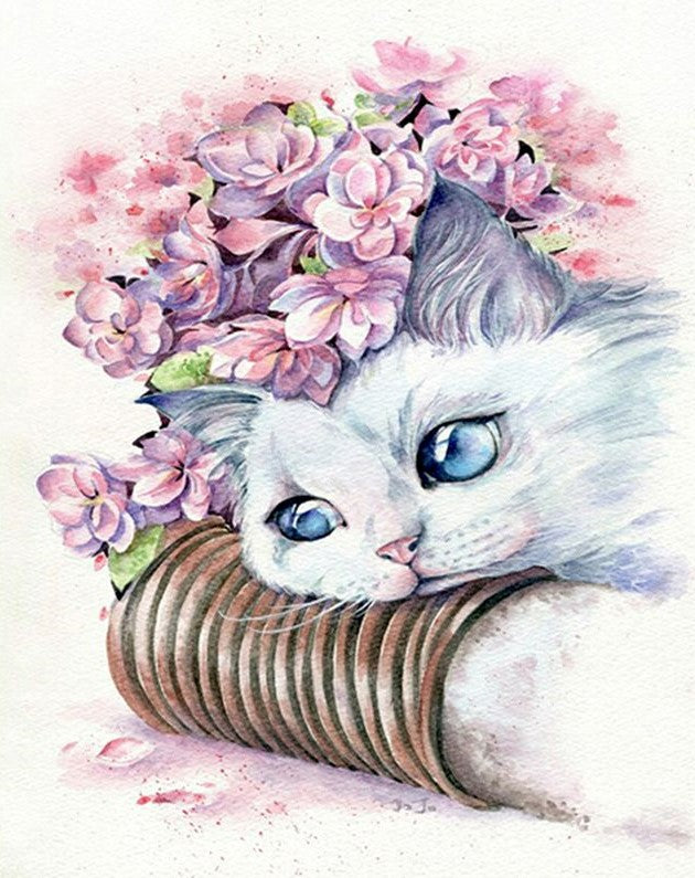 Chat Blanc avec une Couronne de Fleurs Roses Peinture par Numéros