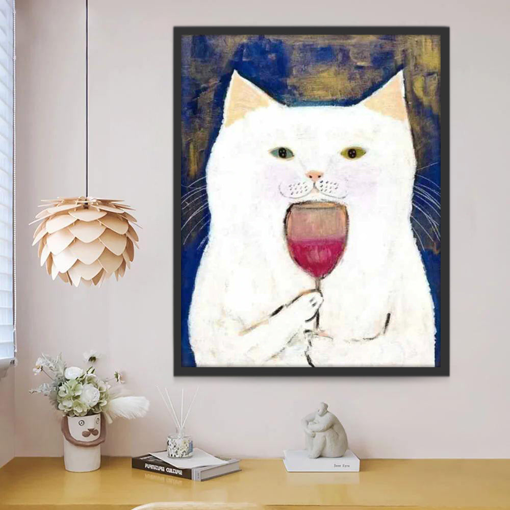 Chat Blanc Buvant du Vin Peinture par Numéros