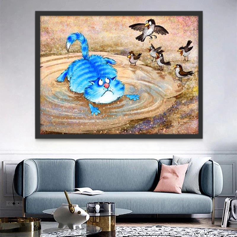 Chat Bleu et les Oiseaux Drôles Peinture par Numéros
