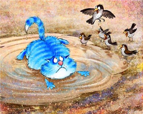 Chat Bleu et les Oiseaux Drôles Peinture par Numéros
