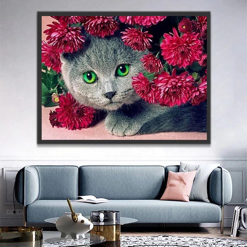 Chat British Shorthair et Chrydanthèmes Roses Peinture par Numéros