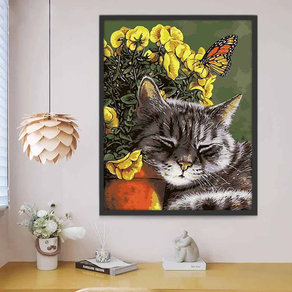 Chat Endormi et Fleurs Peinture par Numéros