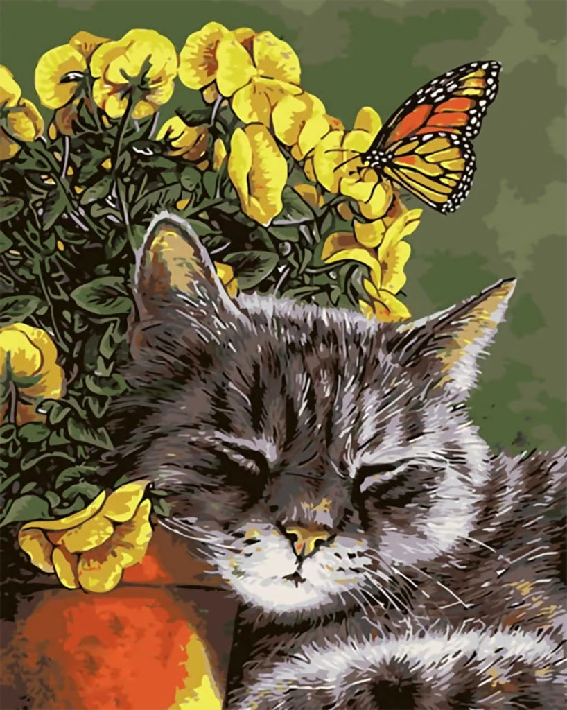 Chat Endormi et Fleurs Peinture par Numéros